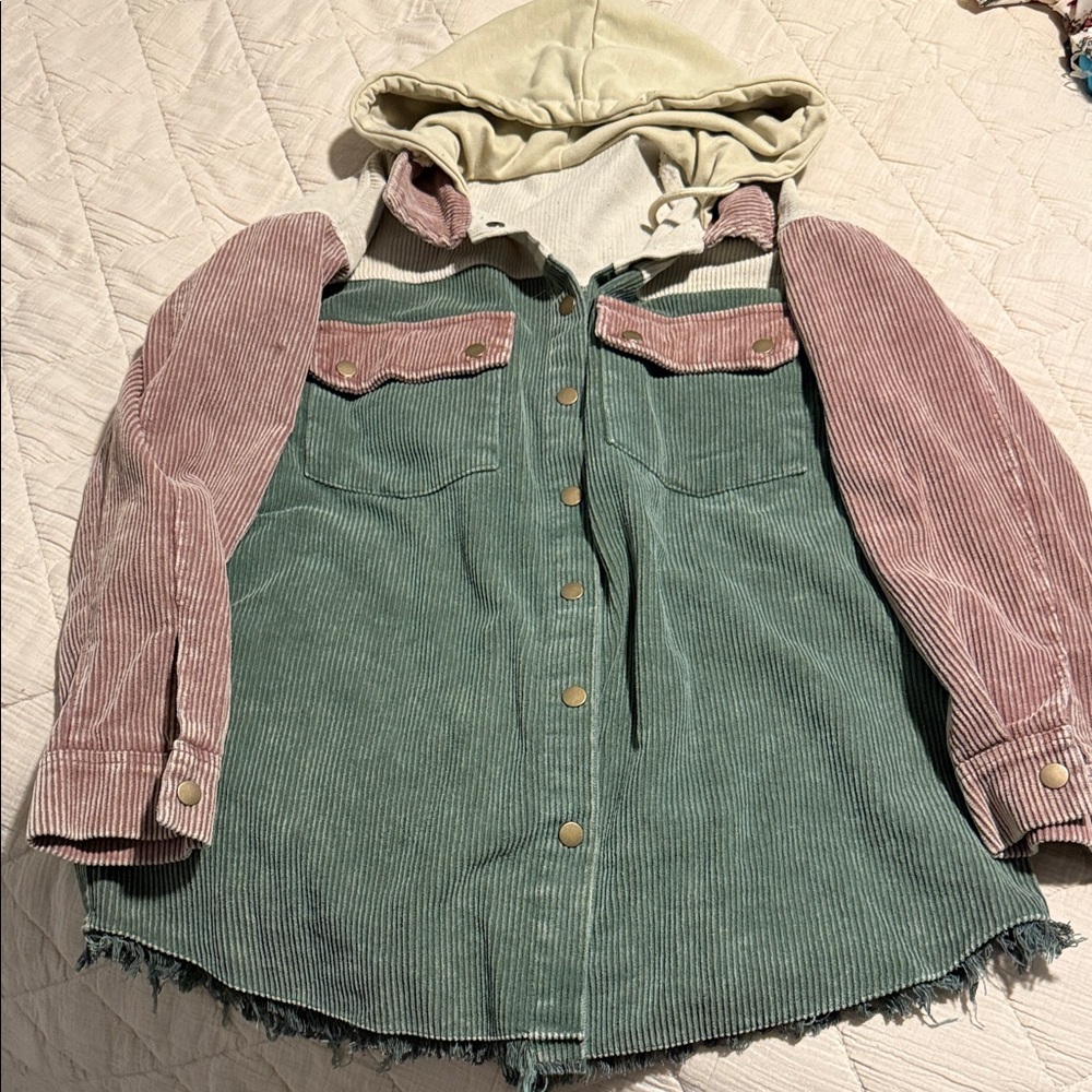 Green and Pink Corduroy Jacket with Hood
